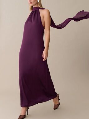 Halter-Scarf Maxi Dress in Deep Plum